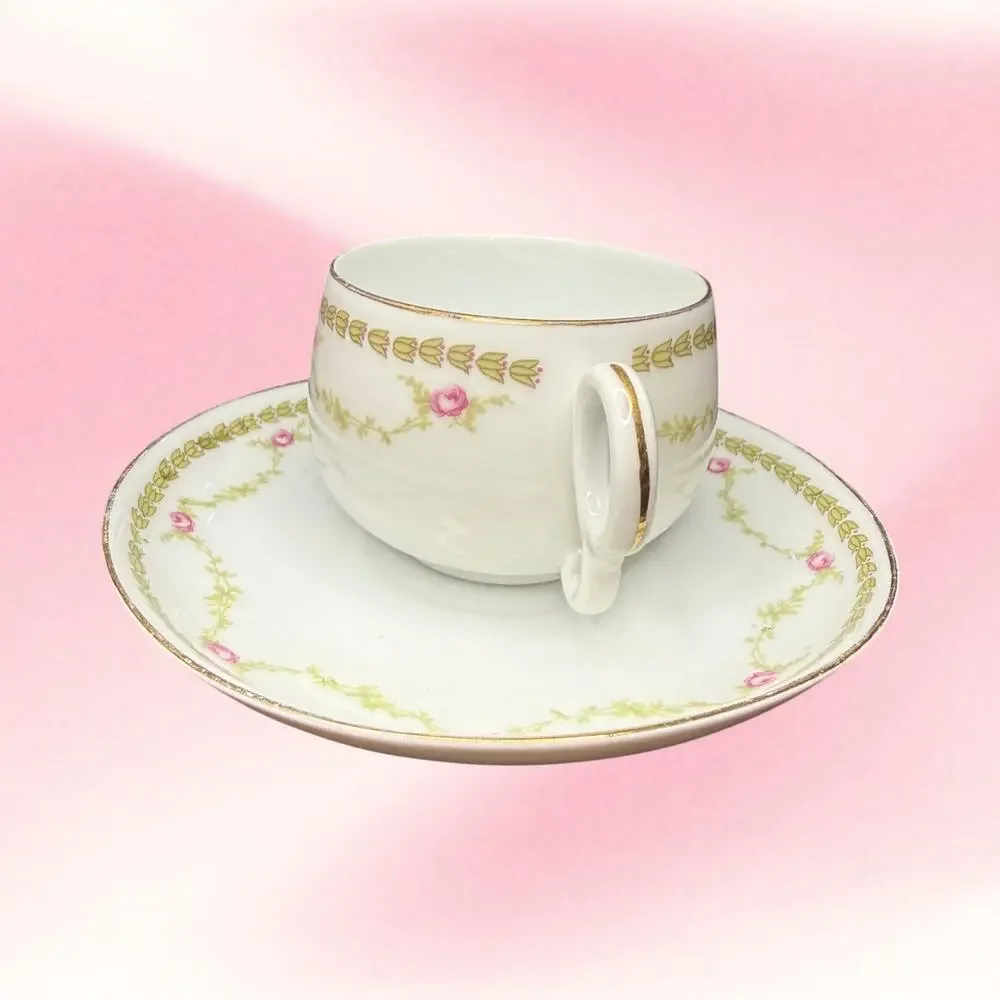 Antique Z.S. & C. Bavaria Teacup Saucer Pink Roses Gold Trim Cottagecore